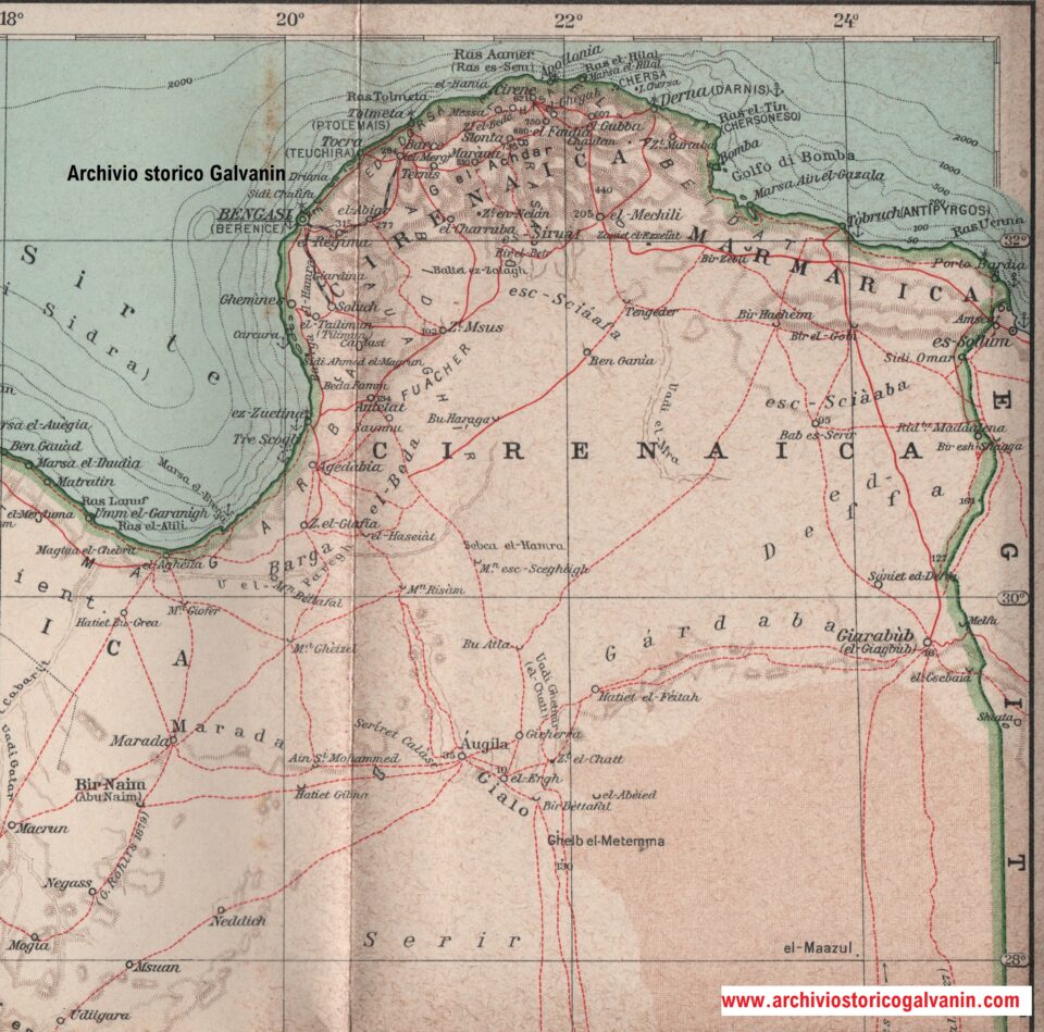 mappa bengasi, mappa Cirenaica, Apollonia, Derna, Ghemines, Bardia, mappa colonie, mappa Libia, Libia Fascismo, Libia 